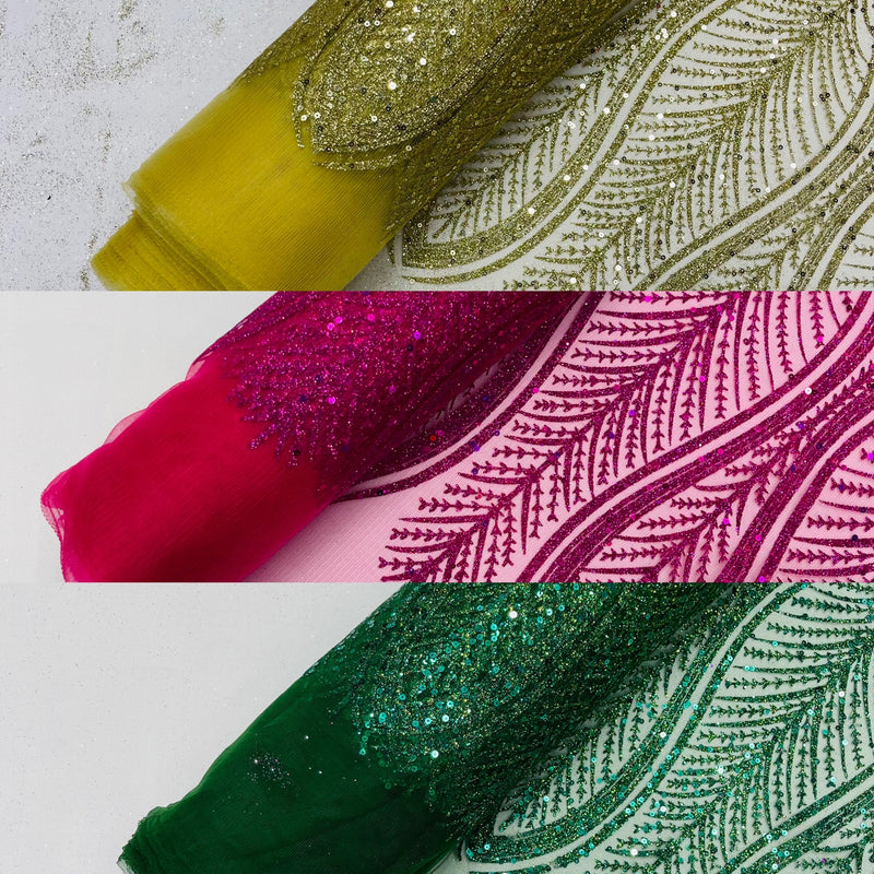 GLITTER FEATHER DAMASK DESIGN MESH LACE FABRIC (By The Yard)