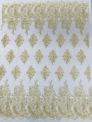 Metallic corded embroider flowers with Paisley design on a mesh lace fabric-prom