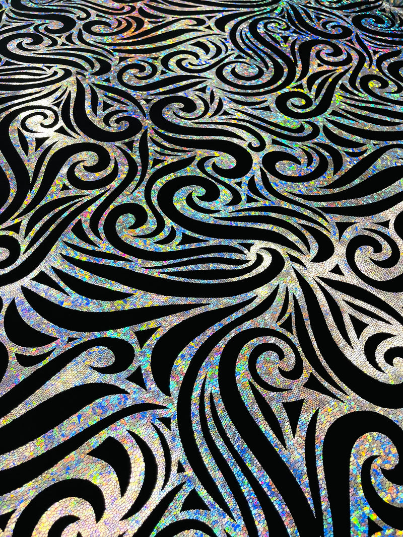 Holographic Foil Tribal Flame Design On A Stretch Velvet  Fabric. By The Yard