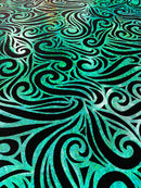 Holographic Foil Tribal Flame Design On A Stretch Velvet  Fabric. By The Yard