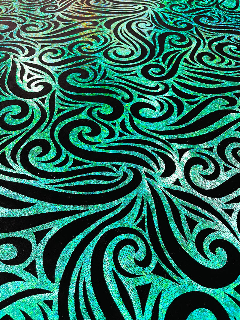 Holographic Foil Tribal Flame Design On A Stretch Velvet  Fabric. By The Yard