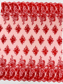 Metallic corded embroider flowers with Paisley design on a mesh lace fabric-prom