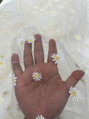 Ivory/Yellow Daisy flowers embroidered lace fabric, delicate floral embroidery, soft off white mesh and designer fashion