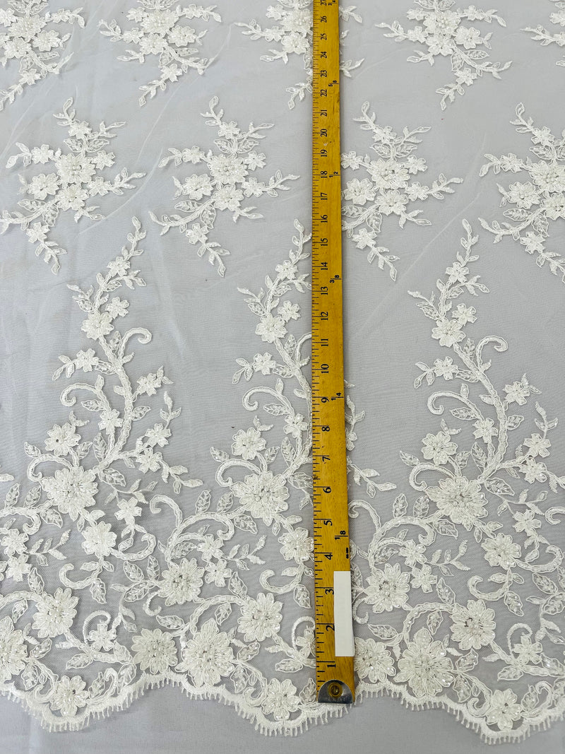 BIG FLORAL DAMASK BEADED MESH LACE FABRIC (By The Yard)