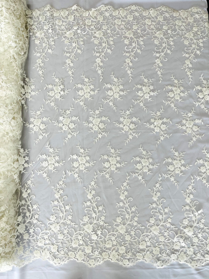 BIG FLORAL DAMASK BEADED MESH LACE FABRIC (By The Yard)