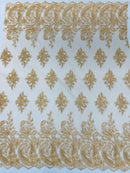 Metallic corded embroider flowers with Paisley design on a mesh lace fabric-prom