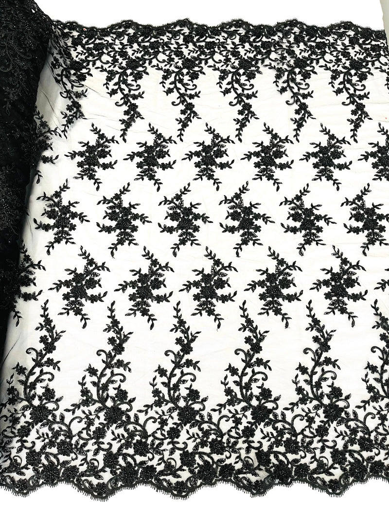 BIG FLORAL DAMASK BEADED MESH LACE FABRIC (By The Yard)