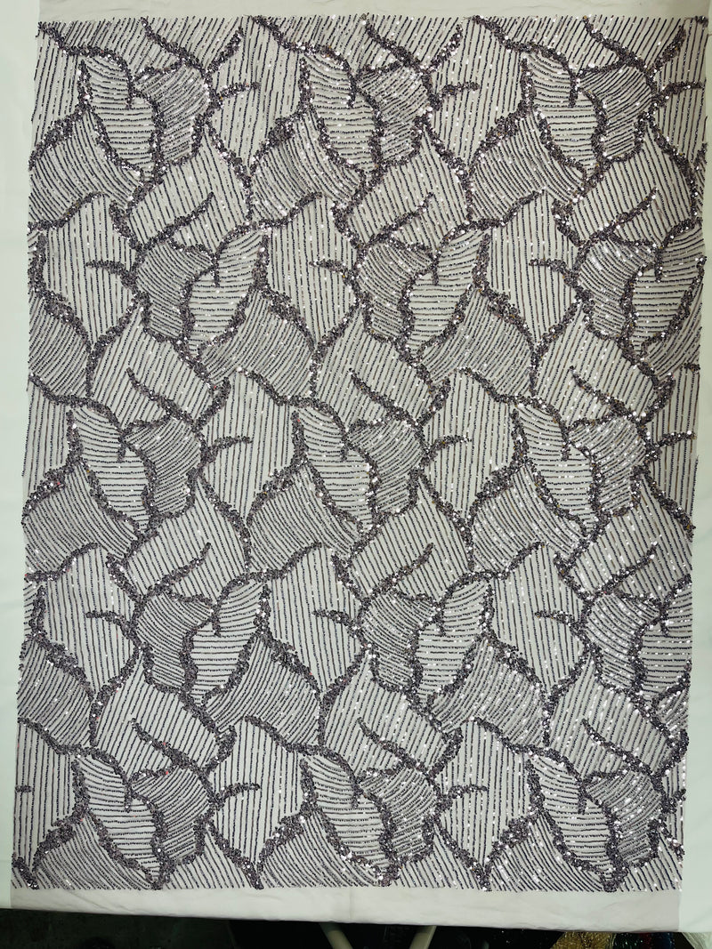 HEAVY BEADED LEAF DESIGN ON A MESH FABRIC (By The Yard)