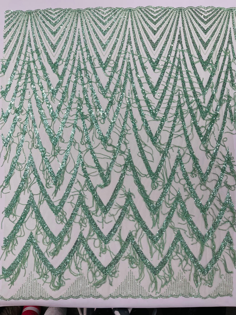 GEOMETRIC BEADED FRINGE DESIGN ON A MESH FABRIC (By The Yard)