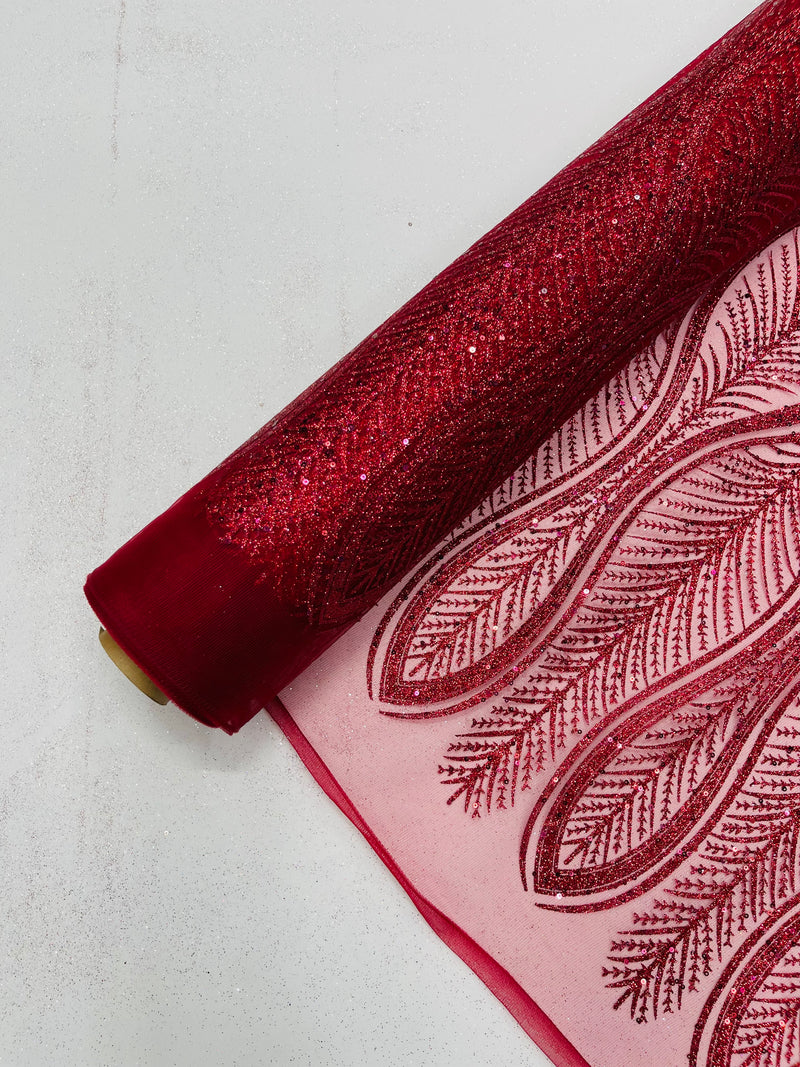 GLITTER FEATHER DAMASK DESIGN MESH LACE FABRIC (By The Yard)