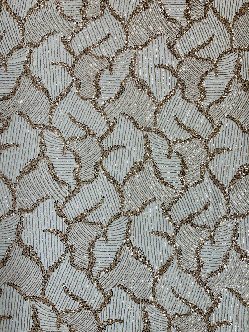 HEAVY BEADED LEAF DESIGN ON A MESH FABRIC (By The Yard)