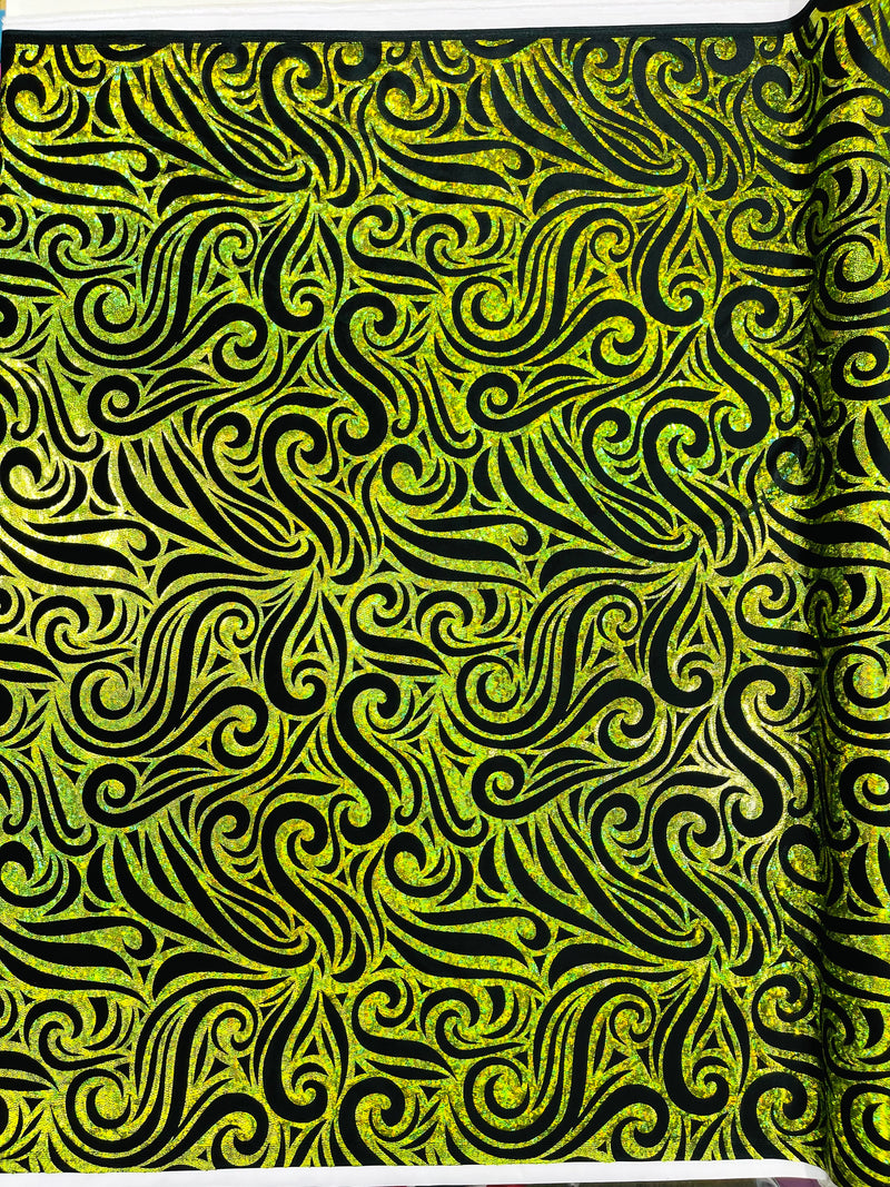 Holographic Foil Tribal Flame Design On A Stretch Velvet  Fabric. By The Yard