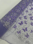 3D BEADED BUTTERFLY LACE ON A MESH FABRIC (By The Yard)