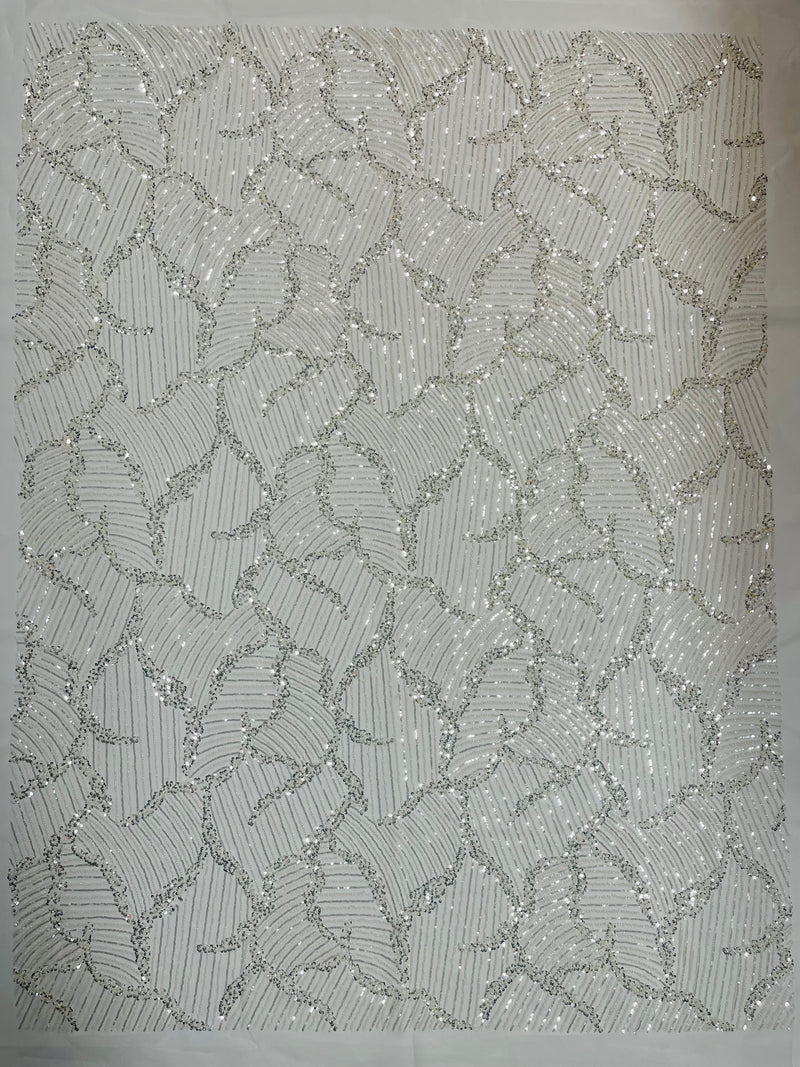 HEAVY BEADED LEAF DESIGN ON A MESH FABRIC (By The Yard)