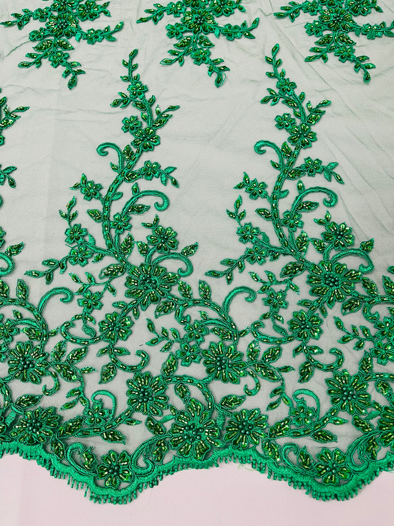 BIG FLORAL DAMASK BEADED MESH LACE FABRIC (By The Yard)