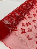 3D BEADED BUTTERFLY LACE ON A MESH FABRIC (By The Yard)