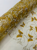 3D BEADED BUTTERFLY LACE ON A MESH FABRIC (By The Yard)