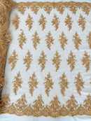 FLORAL DAMASK BEADED LACE ON MESH FABRIC (By The Yard)