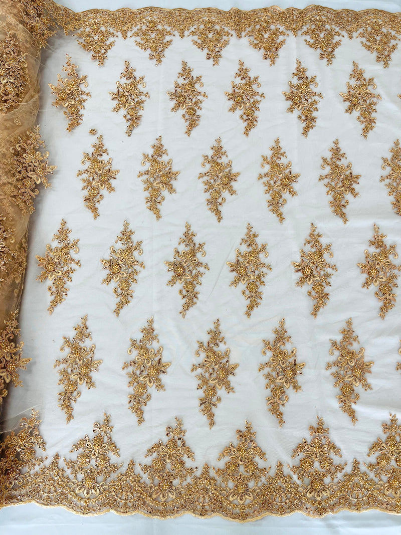 FLORAL DAMASK BEADED LACE ON MESH FABRIC (By The Yard)