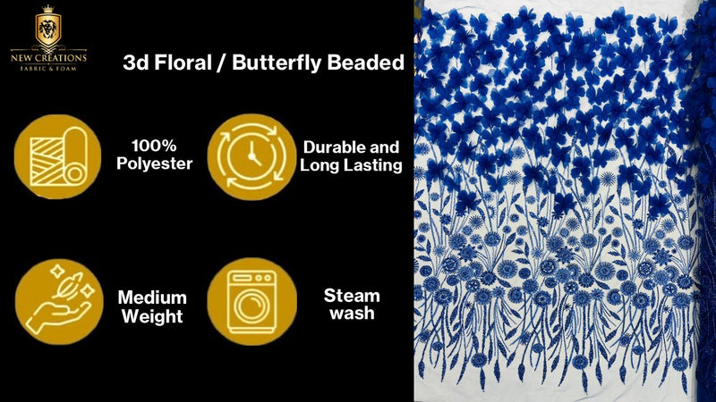 Luxury 3D Floral/Butterfly Beaded lace, by The Yard.
