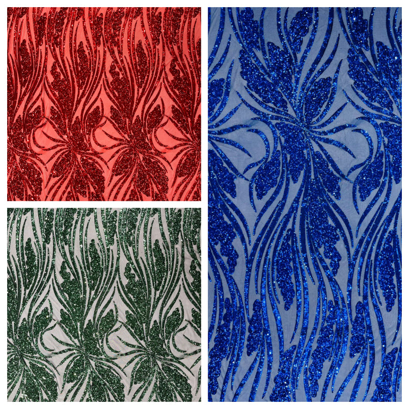 Feather damask shiny sequin design on a 4 way stretch mesh Fabric-sold by The yard.