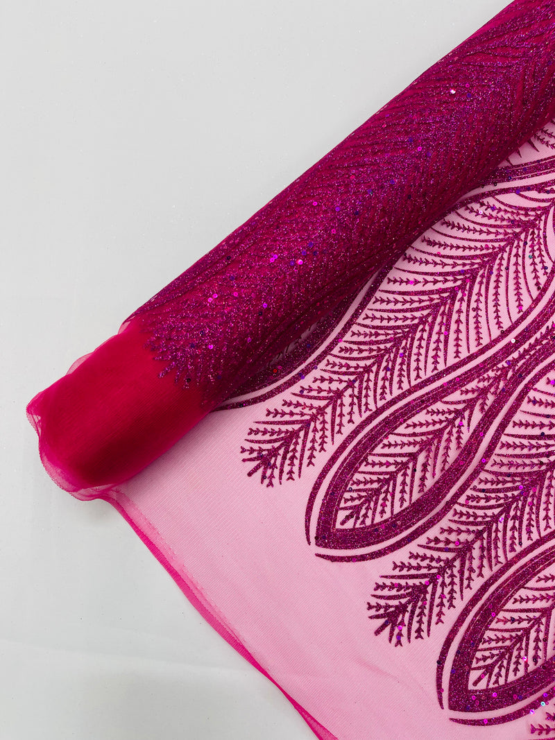 GLITTER FEATHER DAMASK DESIGN MESH LACE FABRIC (By The Yard)