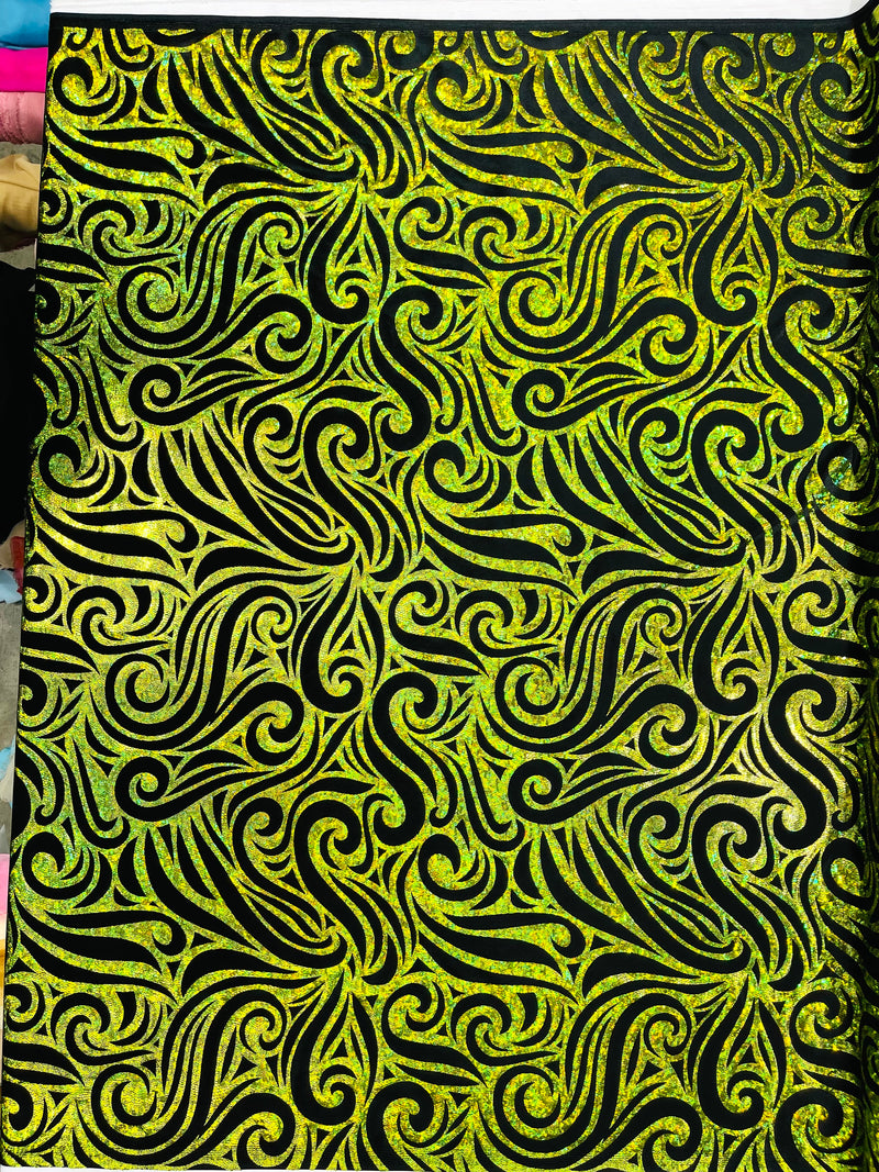 Holographic Foil Tribal Flame Design On A Stretch Velvet  Fabric. By The Yard