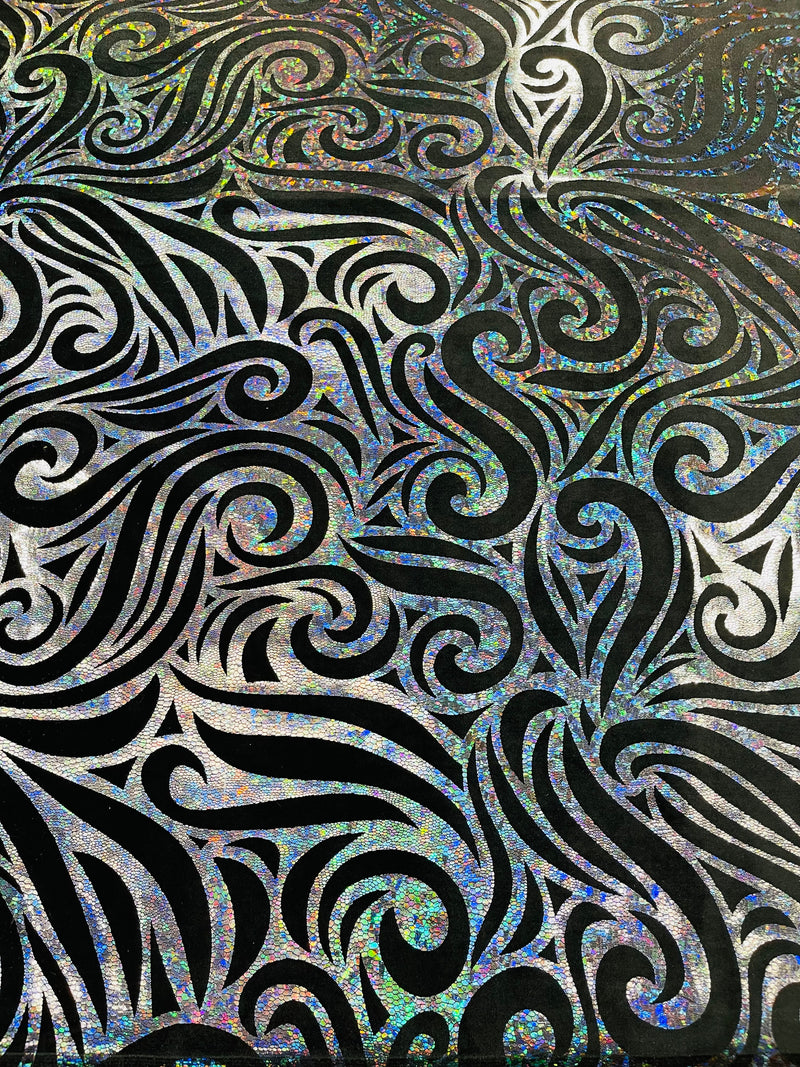 Holographic Foil Tribal Flame Design On A Stretch Velvet  Fabric. By The Yard