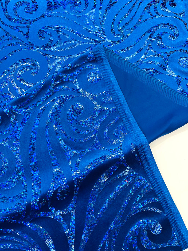 Holographic Foil Tribal Flame Design On A Stretch Velvet  Fabric. By The Yard