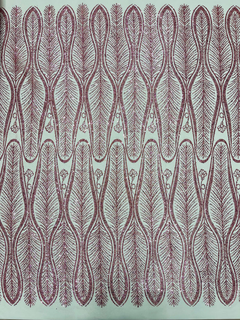 GLITTER FEATHER DAMASK DESIGN MESH LACE FABRIC (By The Yard)