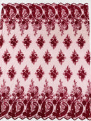 Metallic corded embroider flowers with Paisley design on a mesh lace fabric-prom