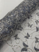 3D BEADED BUTTERFLY LACE ON A MESH FABRIC (By The Yard)