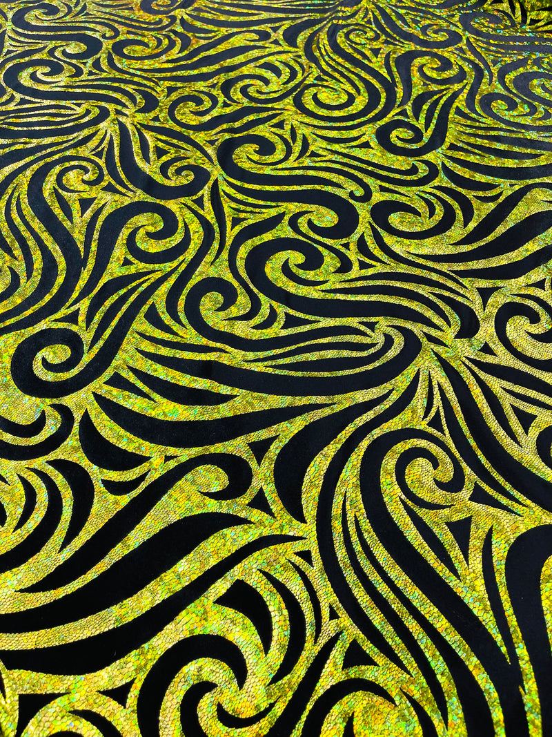 Holographic Foil Tribal Flame Design On A Stretch Velvet  Fabric. By The Yard