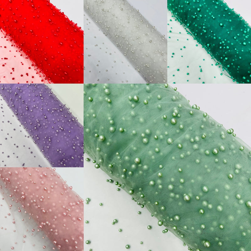 Heavy Scattered Pearls Studded Mesh, 2-Way Stretch, sold by the yard.