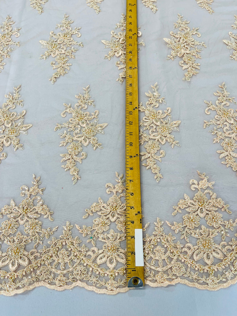 FLORAL DAMASK BEADED LACE ON MESH FABRIC (By The Yard)