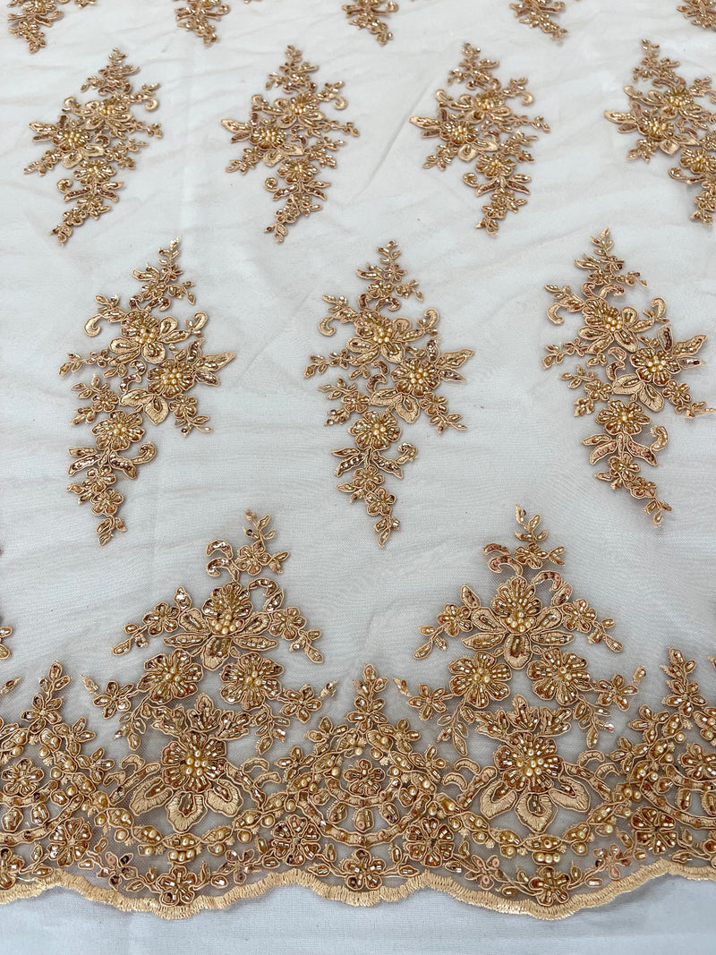 FLORAL DAMASK BEADED LACE ON MESH FABRIC (By The Yard)