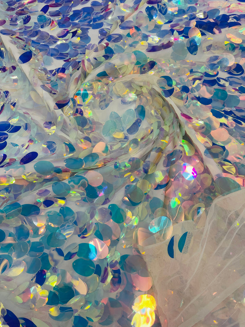 Clear Iridescent Oval Sequin Iridescent On A White Mesh Fabric/Cosplays/Costumes/Sold By The Yard.