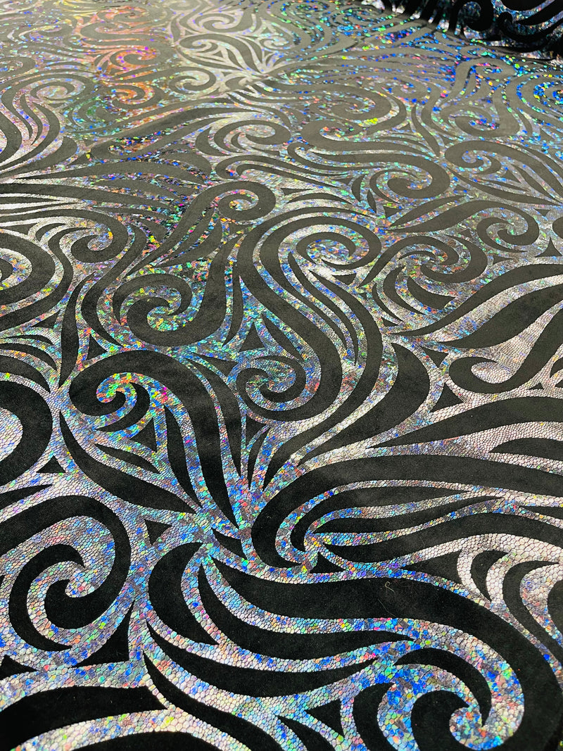 Holographic Foil Tribal Flame Design On A Stretch Velvet  Fabric. By The Yard