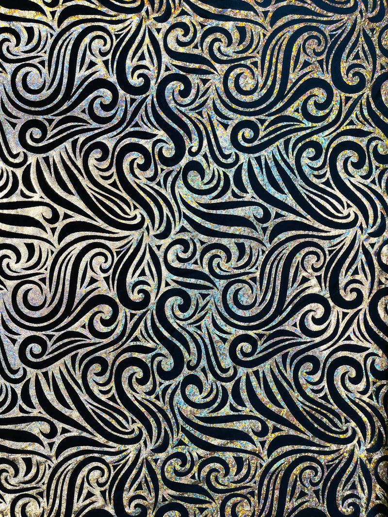 Holographic Foil Tribal Flame Design On A Stretch Velvet  Fabric. By The Yard