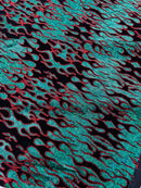 Hot Rod Tricot Holographic 4 Way Spandex With Black Flocking Flames And Red Glitter Fabric-