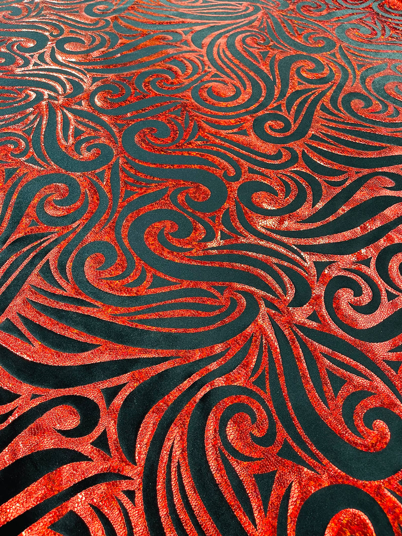 Holographic Foil Tribal Flame Design On A Stretch Velvet  Fabric. By The Yard