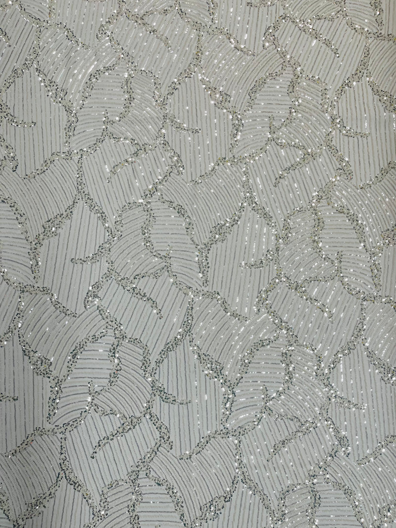 HEAVY BEADED LEAF DESIGN ON A MESH FABRIC (By The Yard)