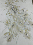 Peacock feathers multi color embroider with shiny sequins on a White mesh-nightgown-sold by 2 panels.