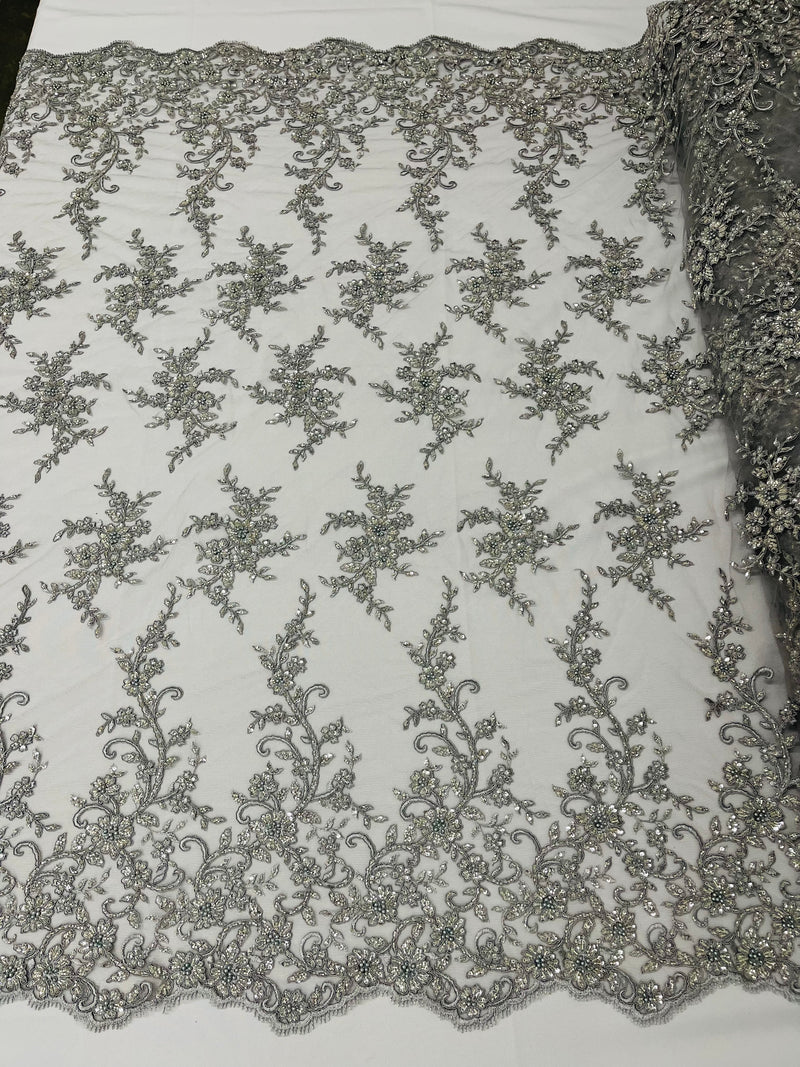 BIG FLORAL DAMASK BEADED MESH LACE FABRIC (By The Yard)