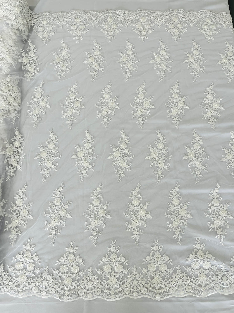 FLORAL DAMASK BEADED LACE ON MESH FABRIC (By The Yard)