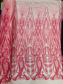 Paisley sequin design on a nude 4 way stretch mesh-prom-sold by the yard.