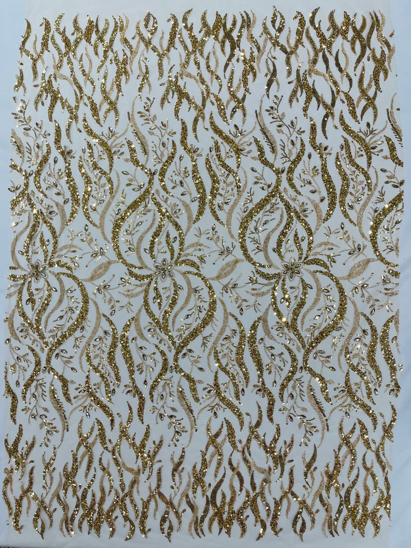 JEWEL VINE BEADED LACE ON MESH FABRIC (By The Yard)