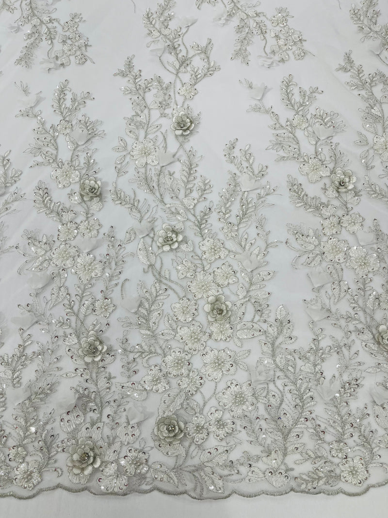 3D floral design embroider and beaded with rhinestones on a mesh lace prom/wedding/sold by yard.