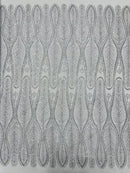 GLITTER FEATHER DAMASK DESIGN MESH LACE FABRIC (By The Yard)