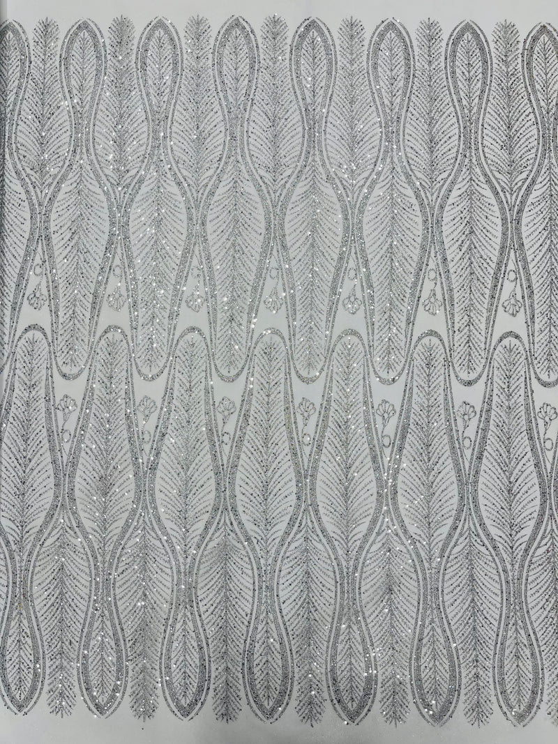 GLITTER FEATHER DAMASK DESIGN MESH LACE FABRIC (By The Yard)